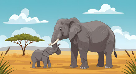 Elephant and calf, flat vector illustration of gentle giants from savanna habitat. Cartoon design with trunk pose, ideal for children nature prints, eco posters, and wildlife storytelling