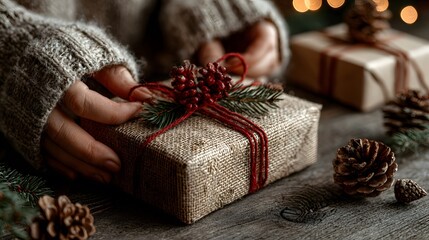 Rustic Christmas gift wrapped in burlap with pine cones.

Cozy winter holiday gift wrapping with natural decor