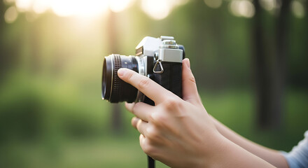 Person holding a vintage camera with a black lens against a blurred green background outside in nature