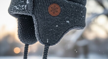 Cozy Winter Hat with Snowflake Patch in Snowy Forest.