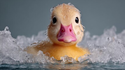 A baby duck is swimming in a pool of water. The duck is small and cute, and it is enjoying itself. The water is cold, and the duck is surrounded by ice. The scene is peaceful and serene
