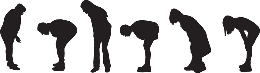 vector,  silhouette of side view of group of women leaning forward and looking at the ground