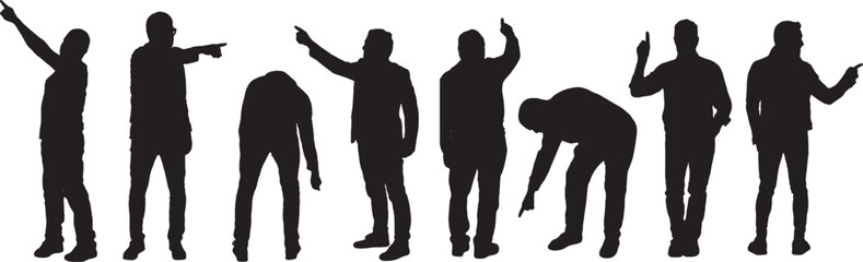 vector,vector,   silhouette of various poses of a group of men pointing fingers everywhere down, center and up