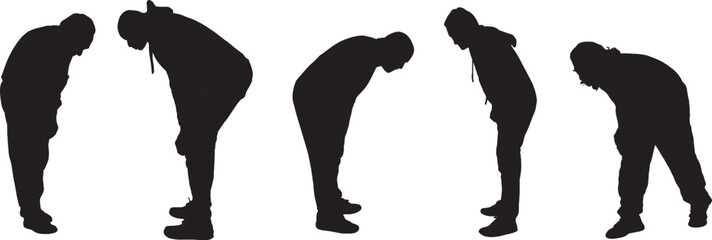 vector,  silhouette of side view of group of men leaning forward and looking at the ground © Curto