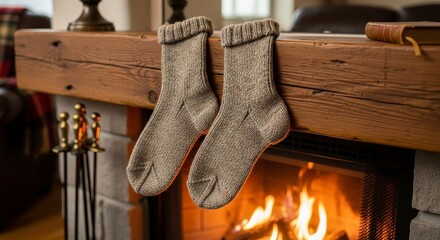 Cozy Knitted Socks on Fireplace Mantel with Warm Fire.