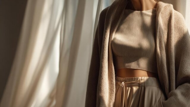 Person wearing a beige ribbed crop top, matching cardigan and drawstring-waist pants, standing by a sunlit window. Concept Beige Knitwear Ensemble, Sunlit Window Portrait, Cozy Minimalist Fashion
