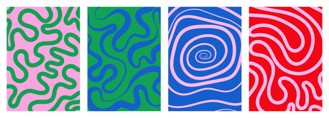 Set of abstract backgrounds with groovy, psychedelic pattern, wavy curve, organic shapes, fluid texture and spiral line. Vector design templates for banner, poster, card in bright colors.