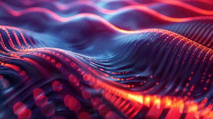 "A mesmerizing abstract landscape of flowing digital waves, illuminated by a vibrant interplay of deep blues and fiery reds, hinting at complex data streams or energetic soundscapes in a futuristic re