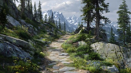 Obraz premium A rocky mountain trail winding through a lush forest towards distant snow capped peaks