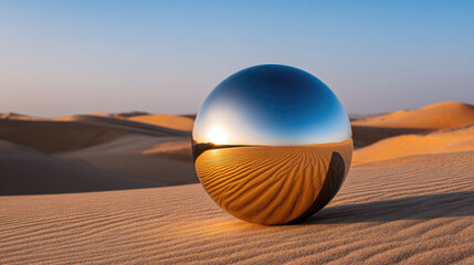 Desert landscape at golden hour with reflective chrome sphere floating above sand dunes