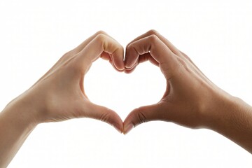 Fototapeta premium Two hands, one lighter and one darker in skin tone, come together to form a heart shape against a pure white background. 