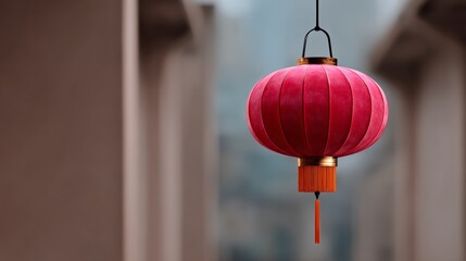 A red lantern hanging from a building. The lantern is hanging from a chain and is red in color