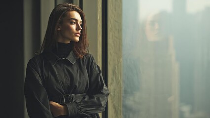 A woman in a black belted jacket gazes out a window, her reflection in the glass and a blurred cityscape beyond. Concept Window gazing portrait, Reflections in glass, Black belted jacket