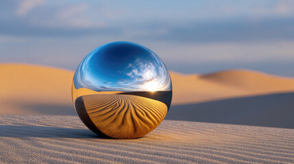 Desert landscape at golden hour with reflective chrome sphere floating above sand dunes