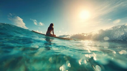 Surfer riding a wave on a longboard under a bright sun, turquoise water and clear sky. Concept Surfer, Longboard, Turquoise water, Bright sun, Clear sky
