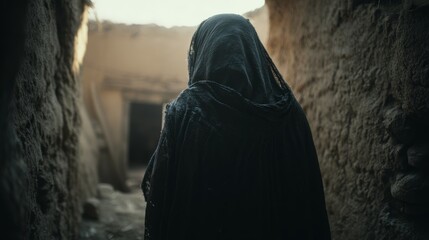 A veiled widow walks ancient Jerusalem streets shrouded in quiet sorrow. Time of Jesus Christ, quiet sorrow in stone.