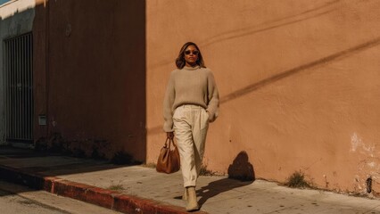 Fototapeta premium A woman in a beige knitted sweater and light pants walks along a peach wall, carrying a brown bag and wearing sunglasses. Concept Casual Street Style, Beige Knitwear, Peach Wall Backdrop