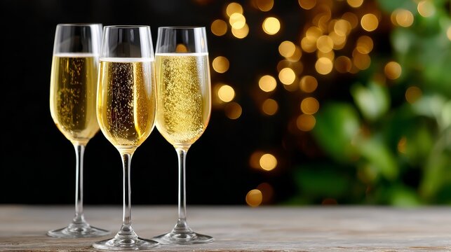 Three champagne glasses are on a table with a green plant in the background. The glasses are filled with sparkling wine and the table is set for a celebration