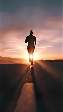 Runner silhouette running toward sunset on road.