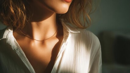 Close-up of a woman's neck and collarbone with a delicate gold chain, wearing a white shirt bathed in warm sunlight. Concept Neck and collarbone close-up, Delicate gold chain detail