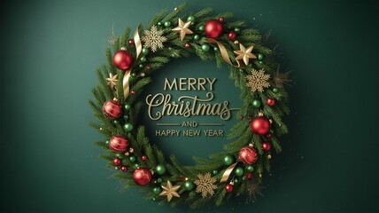 Christmas Wreath Decoration with Red Ornaments, Gold Stars, and Typography on Dark Teal Background for Elegant Holiday Greeting Card