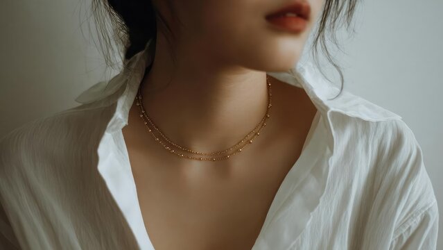 Close-up of a person wearing two delicate gold necklaces over a white shirt, in soft lighting. Concept Gold necklaces, Close-up, Delicate jewelry, Soft lighting, White shirt