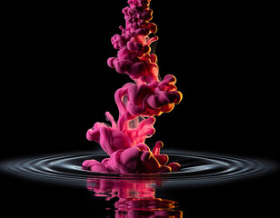 close up of pink drops splashes in water in dark background.