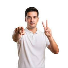 Fototapeta premium A confident man wearing a white polo shirt points forward with one hand and displays a victory sign with the other isolated on transparent background