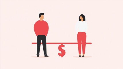 Illustrated man and woman balancing salary scale over dollar sign, cartoon negotiation scene about compensation fairness, pastel palette, office roleplay between manager and employee