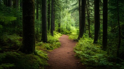 Obraz premium Sunlit forest path winding through lush green trees and ferns in a tranquil woodland