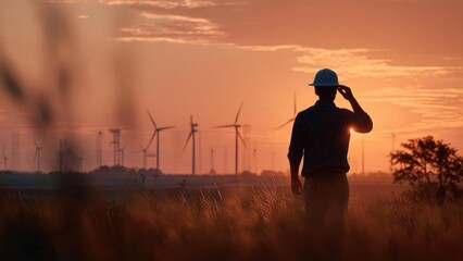 A man in a hard hat stands in a grassy field at sunset, gazing toward wind turbines on the horizon. Concept Man in a hard hat in a grassy field at sunset, Wind turbines on the horizon