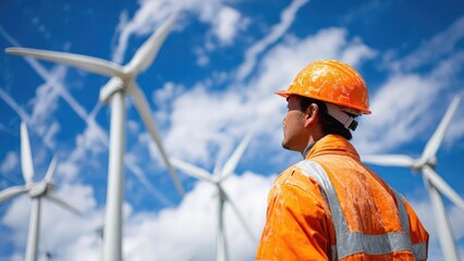 Wind turbine technician in orange safety gear and helmet surveys wind turbines under a bright blue sky. Concept Wind Turbine Technician, Orange Safety Gear, Wind Farm Inspection