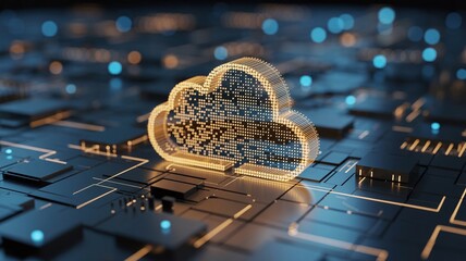 Illuminated 3D cloud icon with QR code texture sitting on a futuristic circuit board, symbolizing secure cloud computing, storage, and data technology.