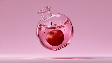 A glass bottle with a red apple inside of it. The apple is floating in the water. The bottle is pink and the water is pink