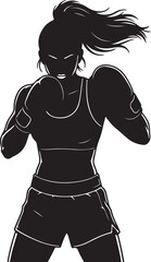 Silhouette of a Female Boxer in Fighting Stance with Boxing Gloves and Ponytail athletic woman also transparent background