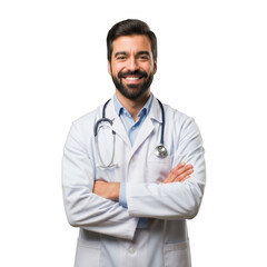 A smiling male doctor wearing a white lab coat and stethoscope with arms crossed isolated on transparent background