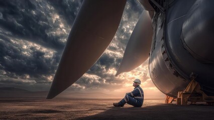 Worker in safety gear sits on the tarmac beside a giant aircraft propeller and engine housing at sunset in a desert. Concept Desert Aircraft Maintenance, Sunset Tarmac, Safety Gear Work