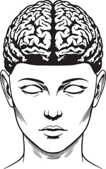 Stylized Black and White Illustration of a Human Brain and Female Face head also transparent background