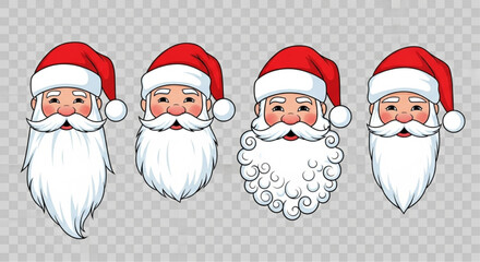 Four festive Santa Claus faces with iconic red hats, long white beards, and cheerful expressions, ready to spread holiday joy. vector illustration