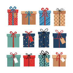 Set of Christmas and New Year gift boxes with ribbons, flat-style vector illustration.