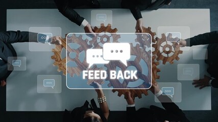 A diverse business team engages in a productive meeting, sharing valuable feedback while visual elements depict gears and digital chat symbols, illustrating teamwork dynamics. Raster - Powered by Adobe