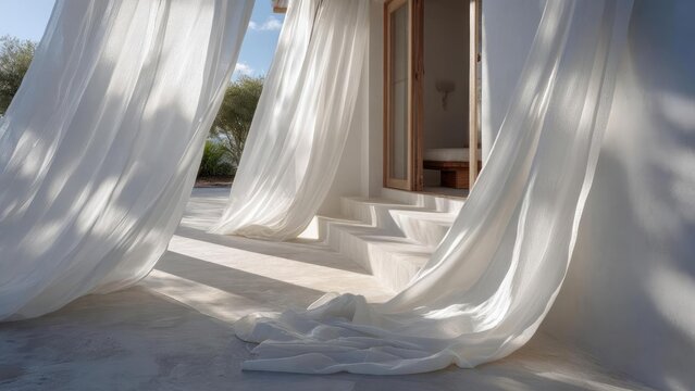 White sheer curtains billow around a sunlit doorway on a white building, with steps leading to a bed inside. Concept Sunlit doorway with billowing sheer curtains on a white building