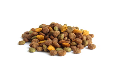 There is a pile of dry cat food on a white background.