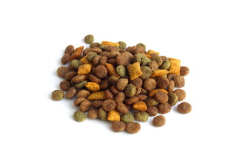  There is a pile of dry cat food on a white background.