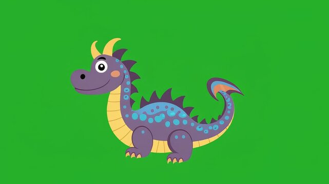 A cute cartoon purple dragon with blue spots and yellow belly, walking on a green background.