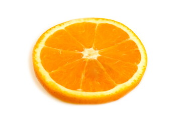 There is a round orange slice on a white background.