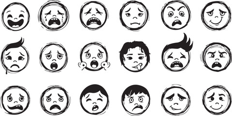 Grunge doodle style vector cartoon avatar collection of human facial expressions depicting diverse emotional states isolated on checkerboard background