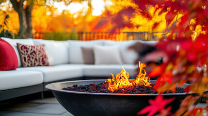 Outdoor fire pit surrounded by cozy sofa with cushions and vibrant fall foliage