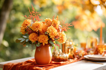 Vibrant autumn floral arrangement with orange chrysanthemums and pumpkins on a festive table