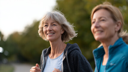 Obraz premium Two mature women jogging outdoors in casual sportswear during a pleasant day with natural green background and soft lighting